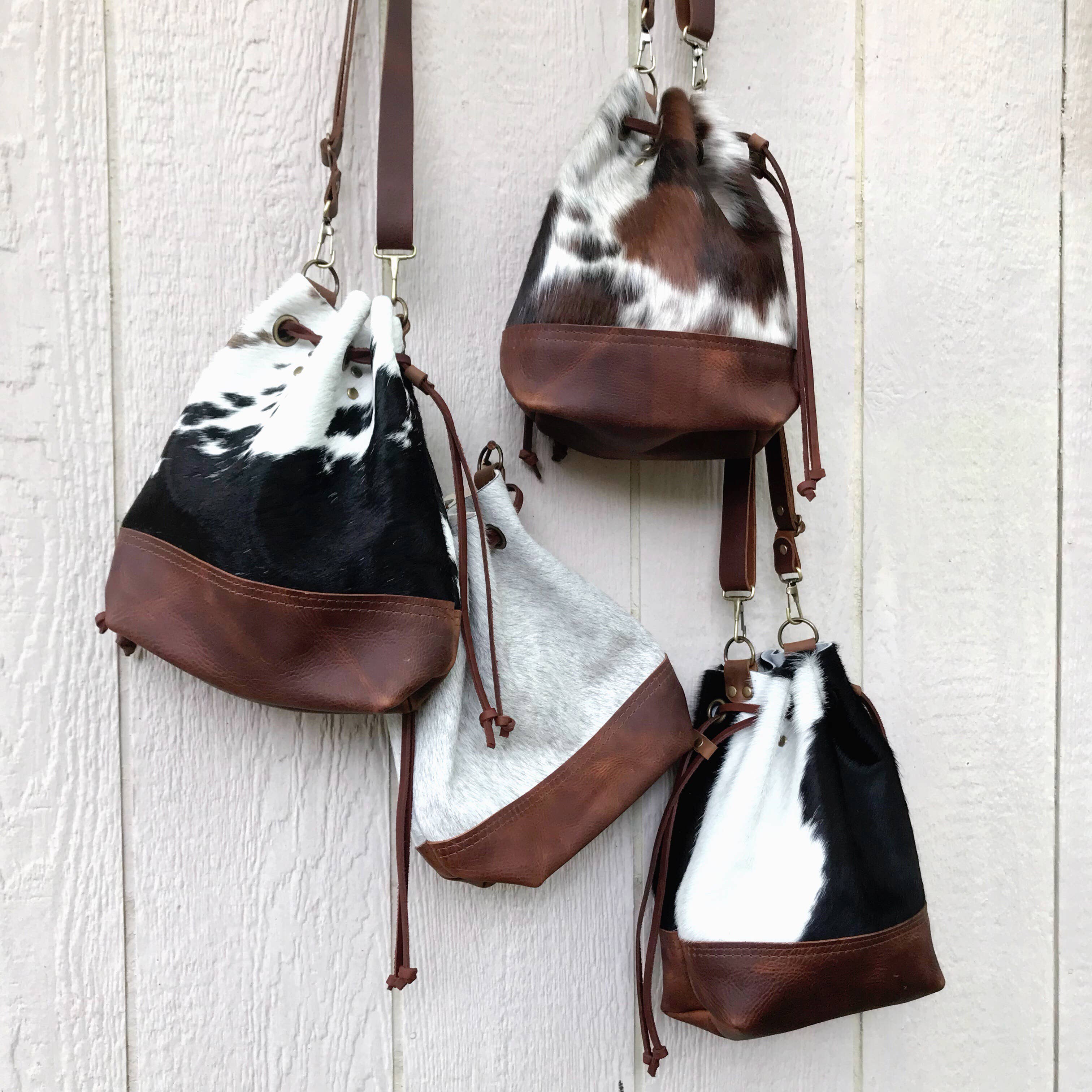 Cowhide Convertible Drawstring Backpack: Tricolor / Brown