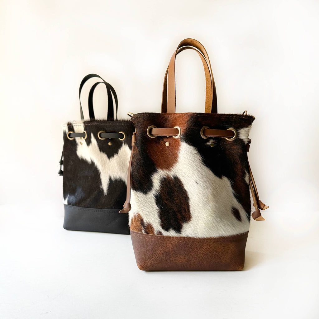 Cowhide Convertible Drawstring Backpack: Tricolor / Brown