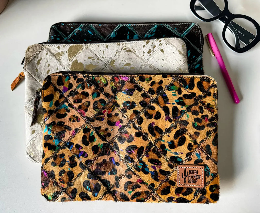 Cowhide Leather Laptop Case: MEDIUM - LEOPARD/ RAINBOW