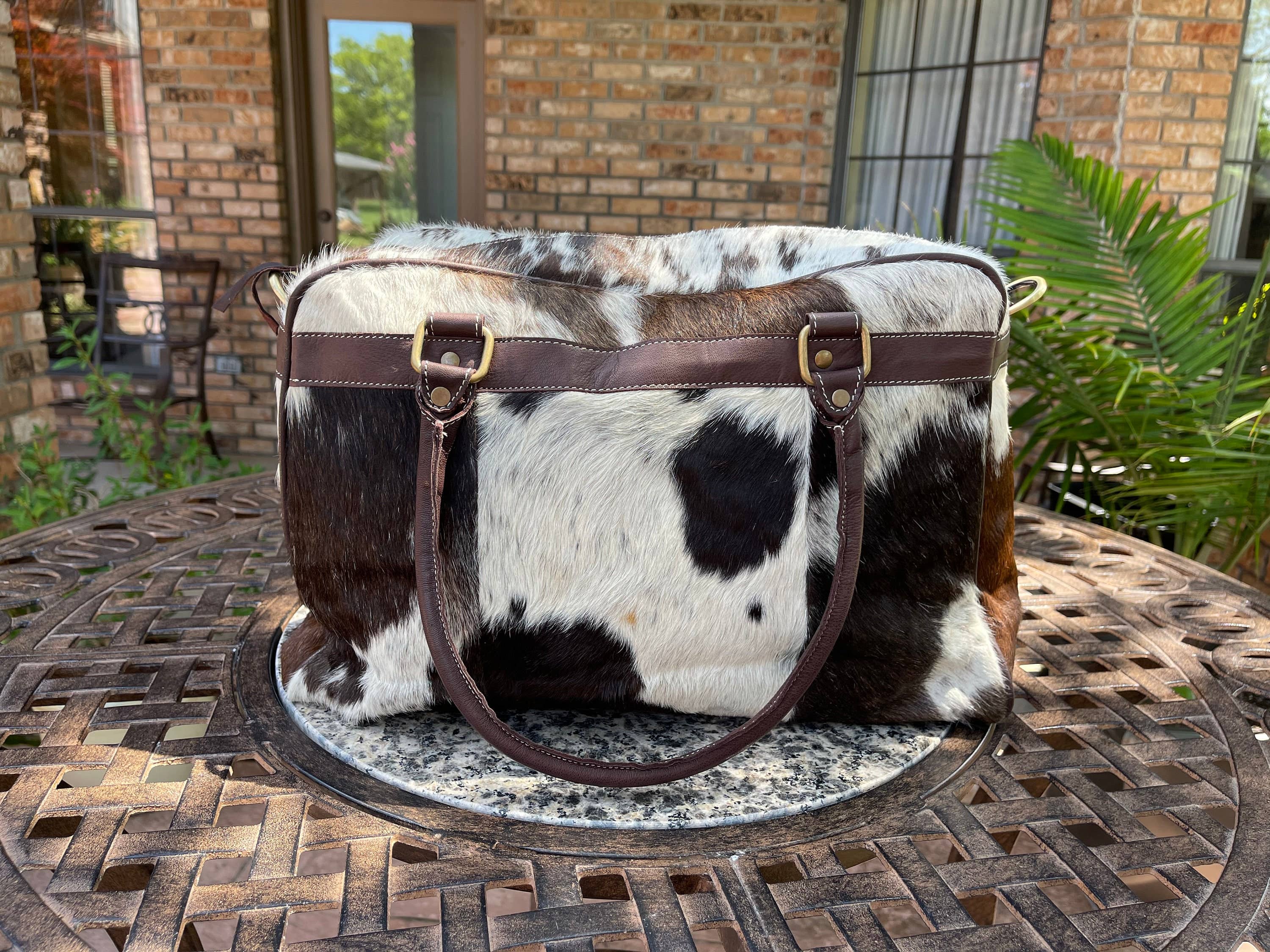 Weekender Duffle Leather Hair On Cowhide Duffel Travel Bag: Leopard