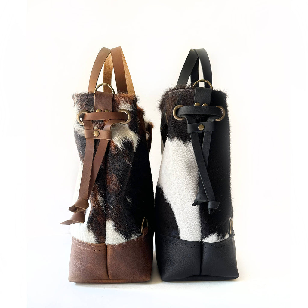 Cowhide Convertible Drawstring Backpack: Tricolor / Brown