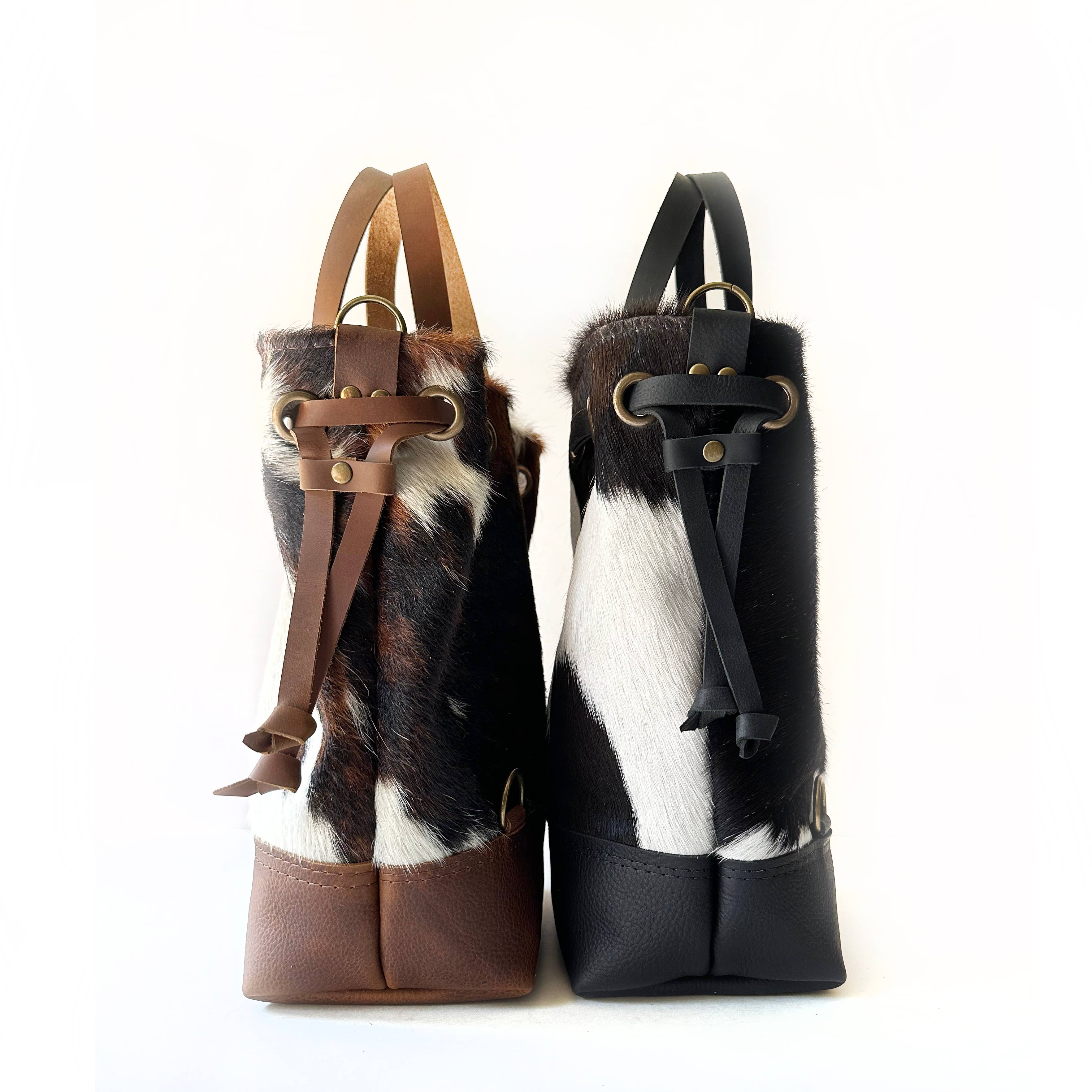 Cowhide Convertible Drawstring Backpack: Tricolor / Brown