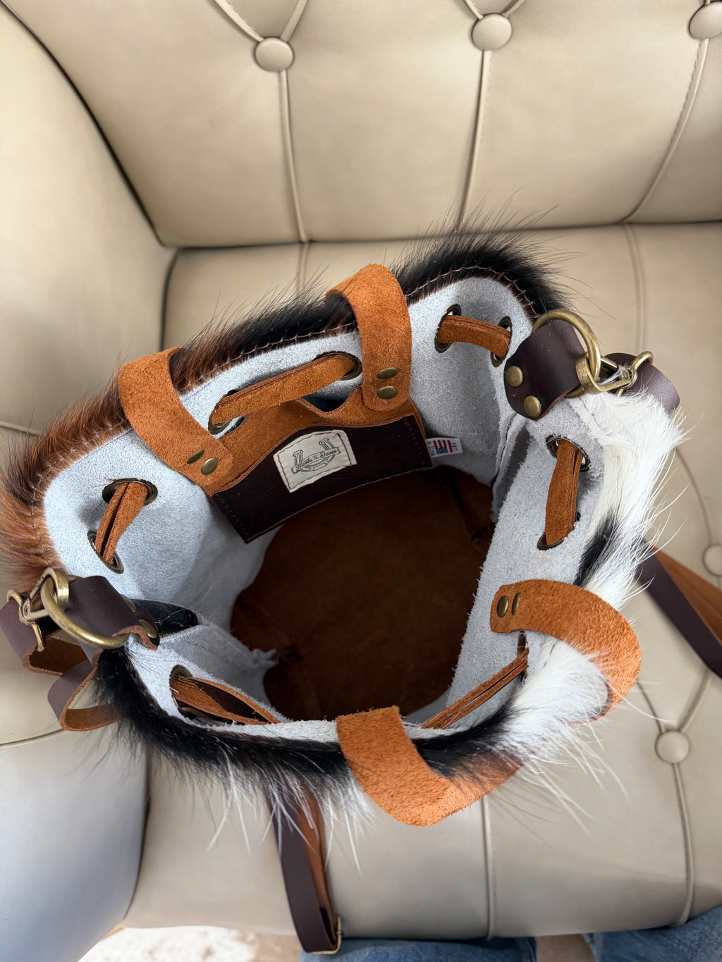 Cowhide Convertible Drawstring Backpack: Tricolor / Brown