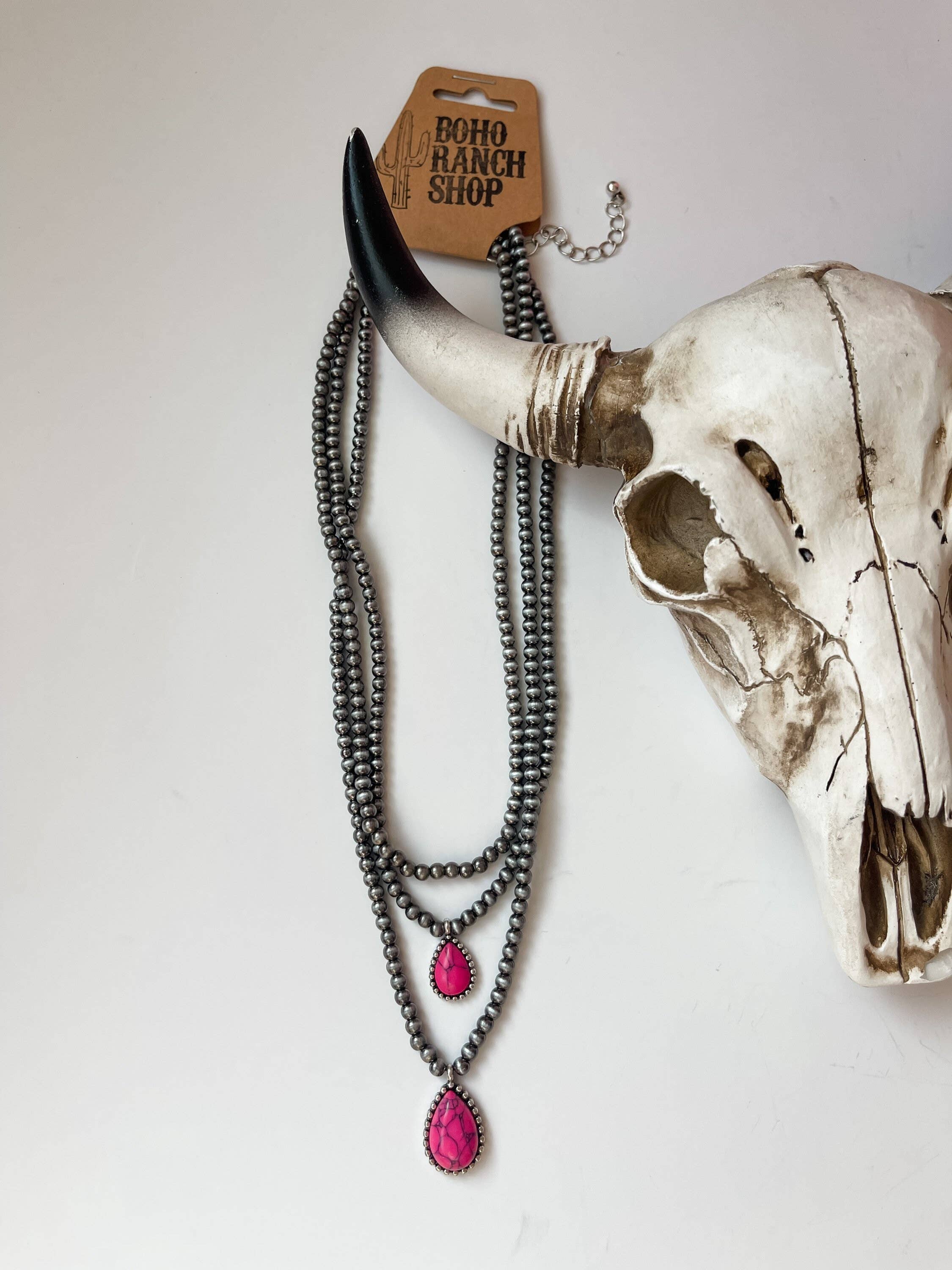 Multi Layered Necklace Navajo Bead Semi Stone Necklace: Pink