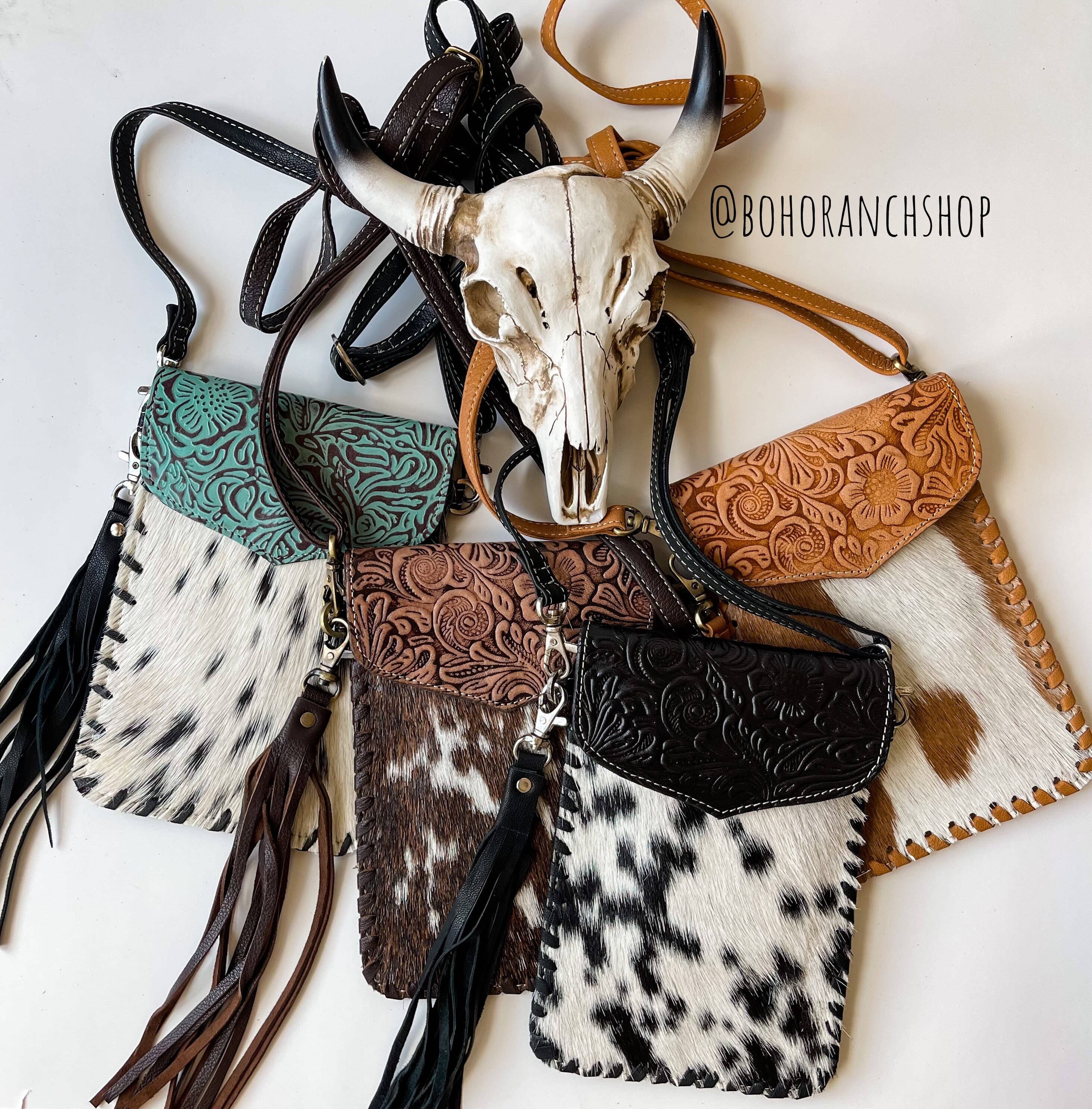 Phone Crossbody Western Tooled Leather Phone Mobile Purse: Black Leather