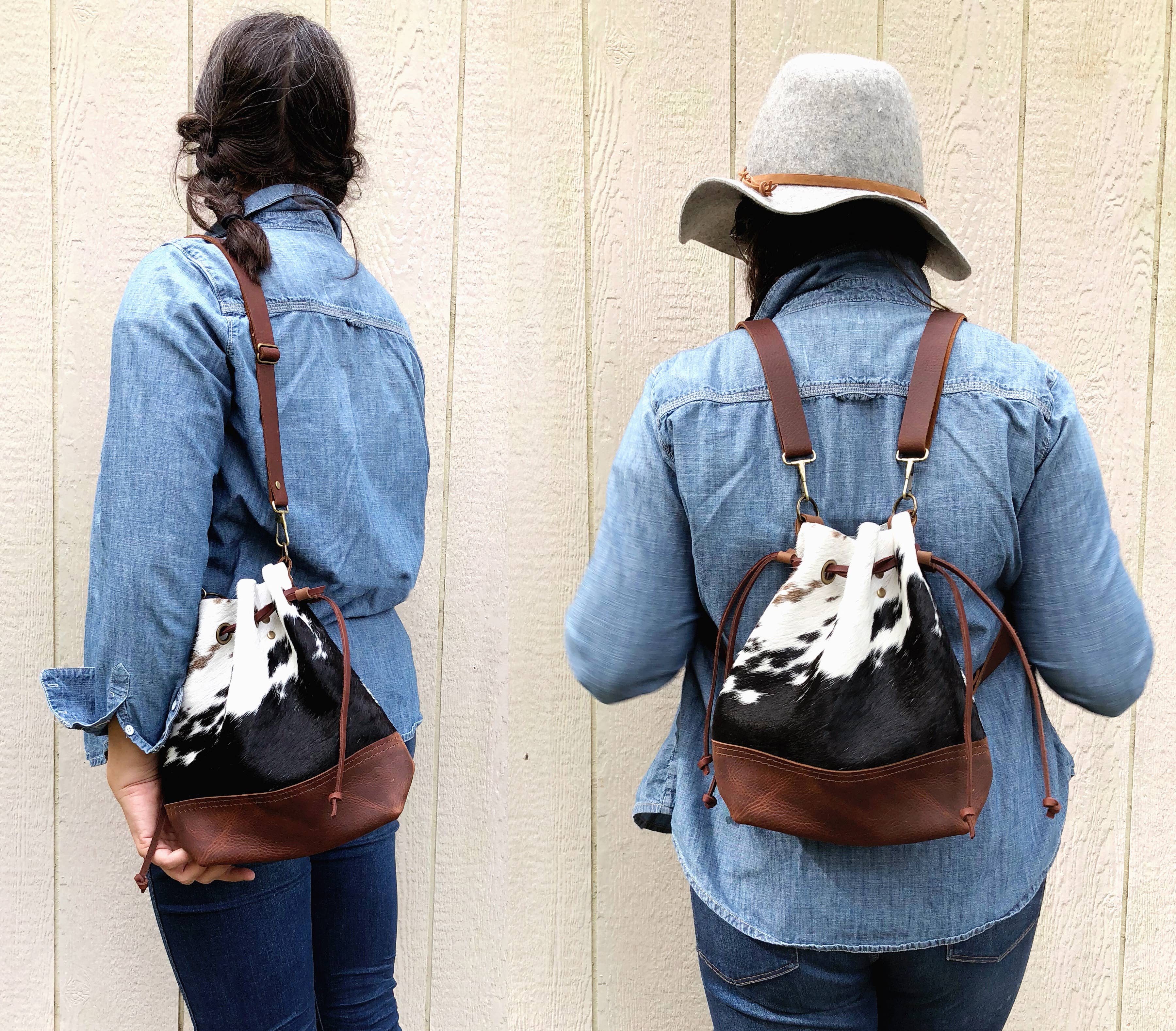 Cowhide Convertible Drawstring Backpack: Tricolor / Brown