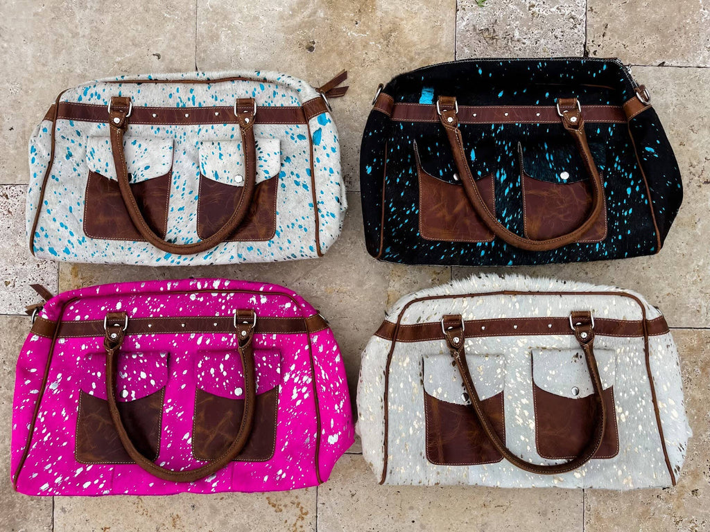 Weekender Duffle Leather Hair On Cowhide Duffel Travel Bag: Leopard