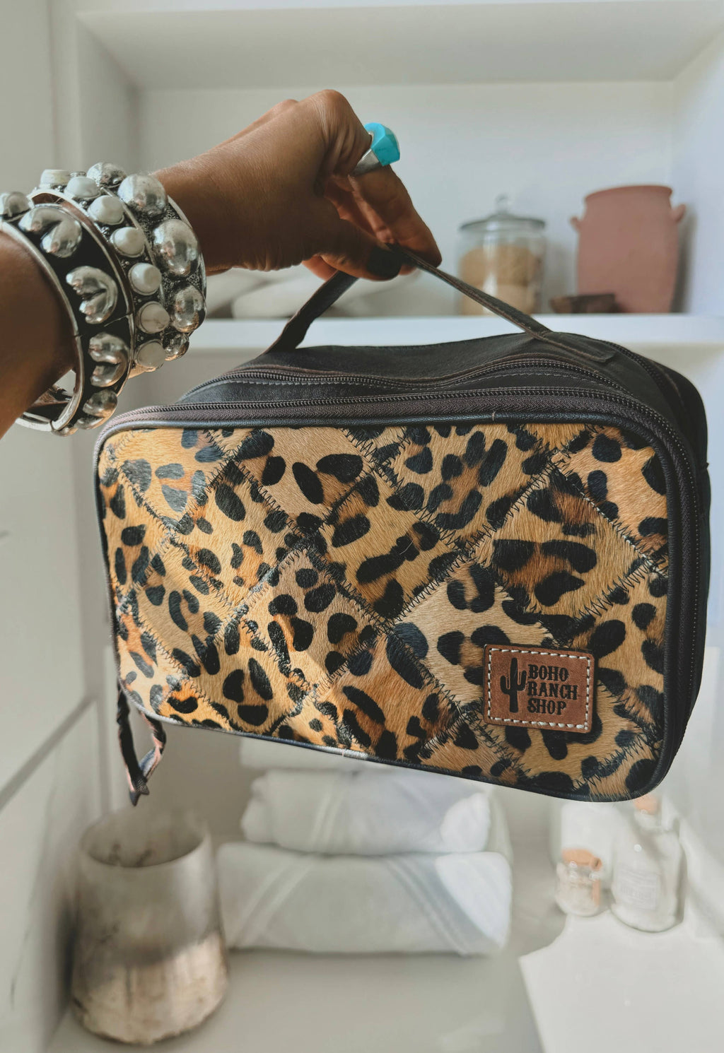 COWHIDE COSMETICS TRAVEL bag Genuine Hair On Leather makeup: LEOPARD